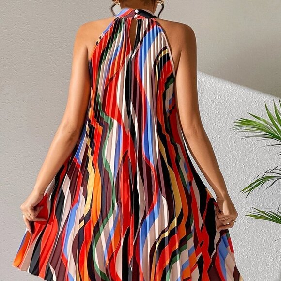 Multicolor Boho Womens Keyhole Back Halter Neck Pleated Detail Dress - Picture 3 of 5